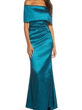 Vince Camuto Off-Shoulder Teal Satin Maxi Dress